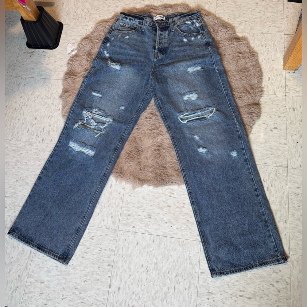 Fashion Nova Ripped Blue Straight Leg Jeans